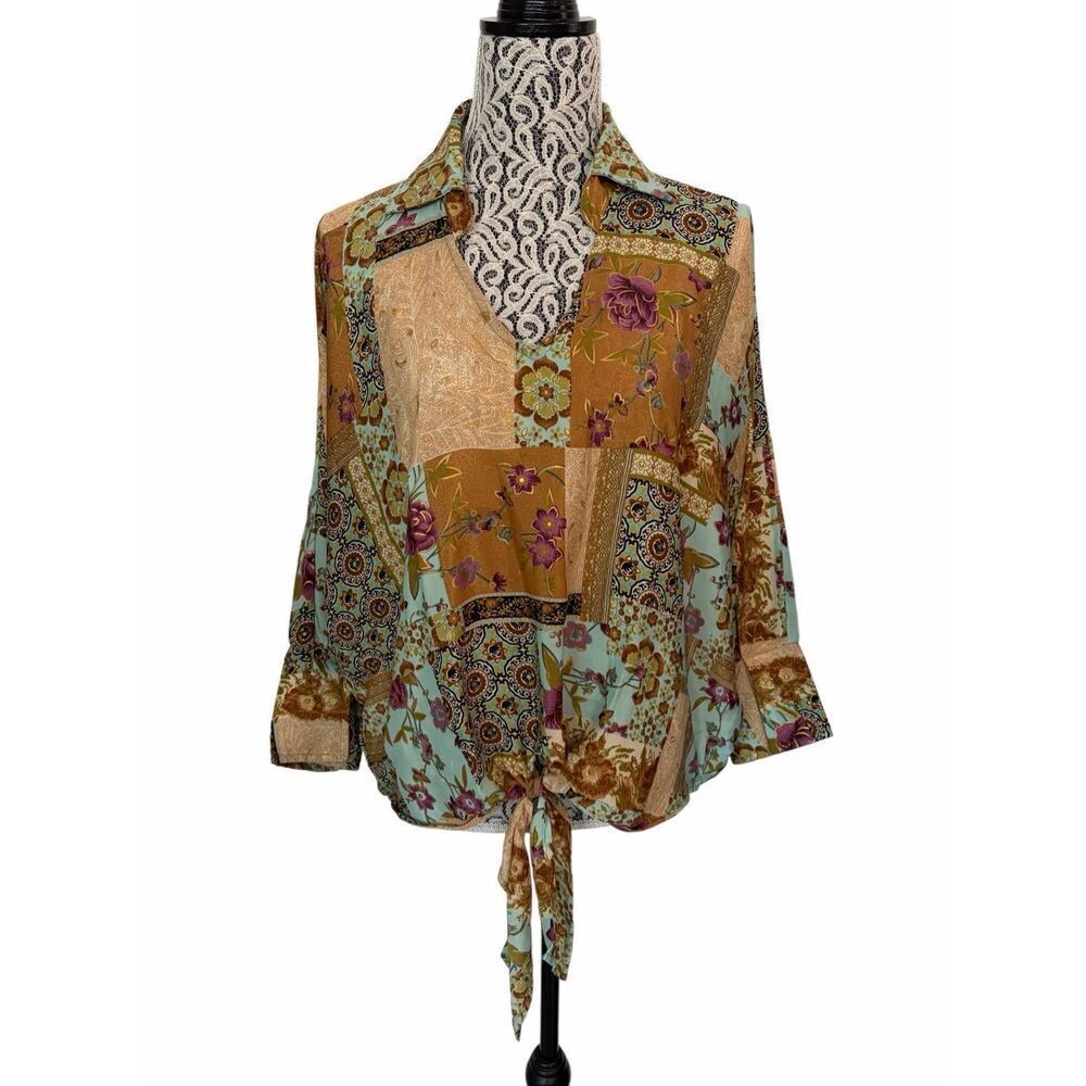 Vintage Cienna Patchwork Silk Blend Tie Front Blouse Boho Festival Top S/M - Picture 11 of 12